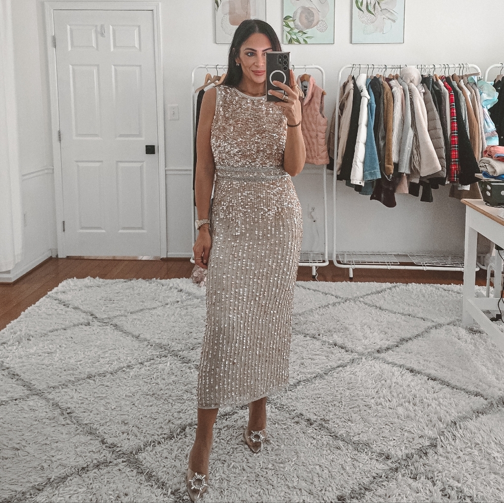 Mac Duggal Gold/pink Sequin High Neck Beaded Midi Sheath Dress New Size 4 - Picture 3 of 13